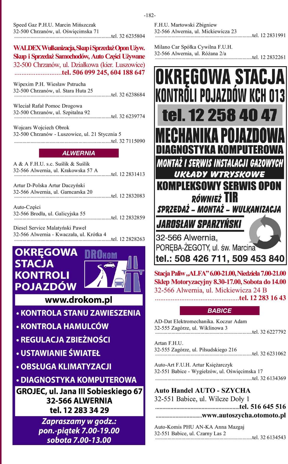 Szpitalna 92...tel. 32 6239774 Wojcars Wojciech Obrok 32-500 Chrzanów - Luszowice, ul. 21 Stycznia 5...tel. 32 7115090 ALWERNIA A & A F.H.U. s.c. Suślik & Suślik 32-566 Alwernia, ul. Krakowska 57 A.