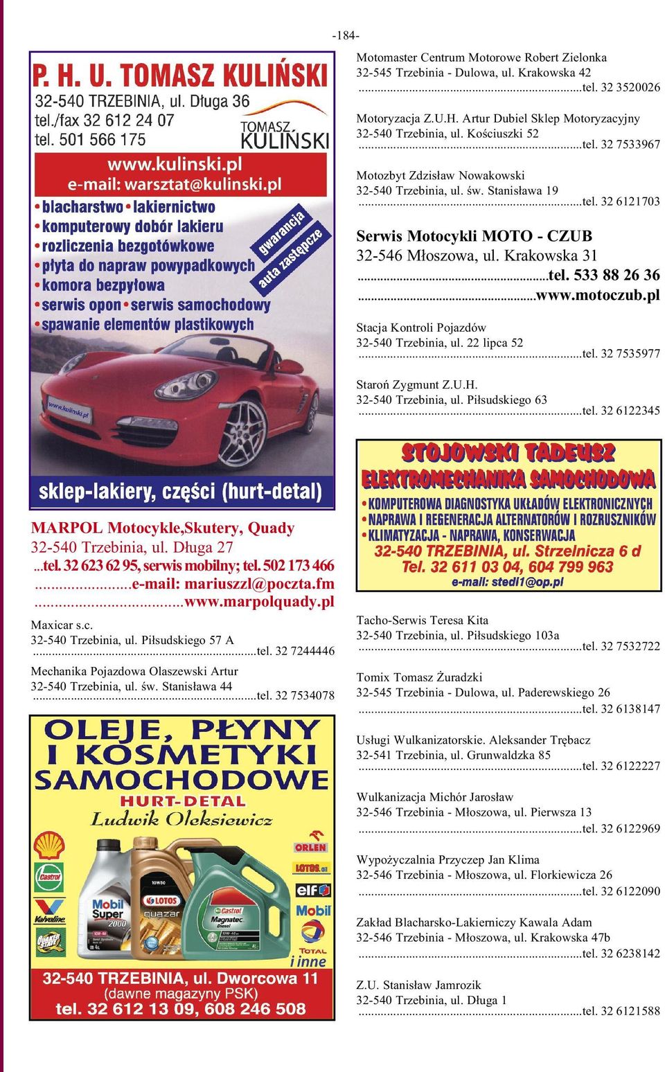 motoczub.pl Stacja Kontroli Pojazdów 32-540 Trzebinia, ul. 22 lipca 52...tel. 32 7535977 Staroń Zygmunt Z.U.H. 32-540 Trzebinia, ul. Piłsudskiego 63...tel. 32 6122345 MARPOL Motocykle,Skutery, Quady 32-540 Trzebinia, ul.