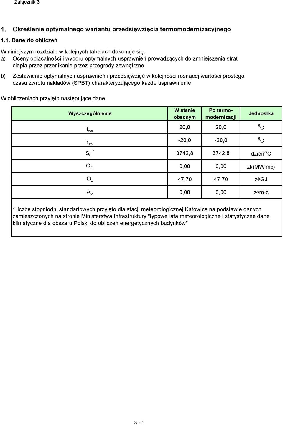 nakładów (SPBT) charakteryzującego każde usprawnienie W obliczeniach przyjęto następujące dane: Wyszczególnienie t wo t zo W stanie Po termoobecnym modernizacji 20,0 20,0-20,0-20,0 Jednostka S d O m