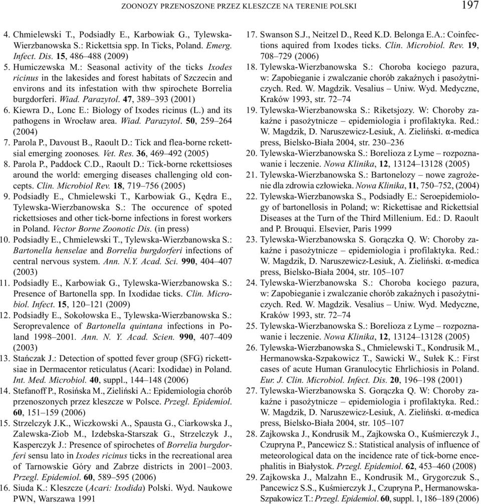 : Seasonal activity of the ticks Ixodes ricinus in the lakesides and forest habitats of Szczecin and environs and its infestation with thw spirochete Borrelia burgdorferi. Wiad. Parazytol.