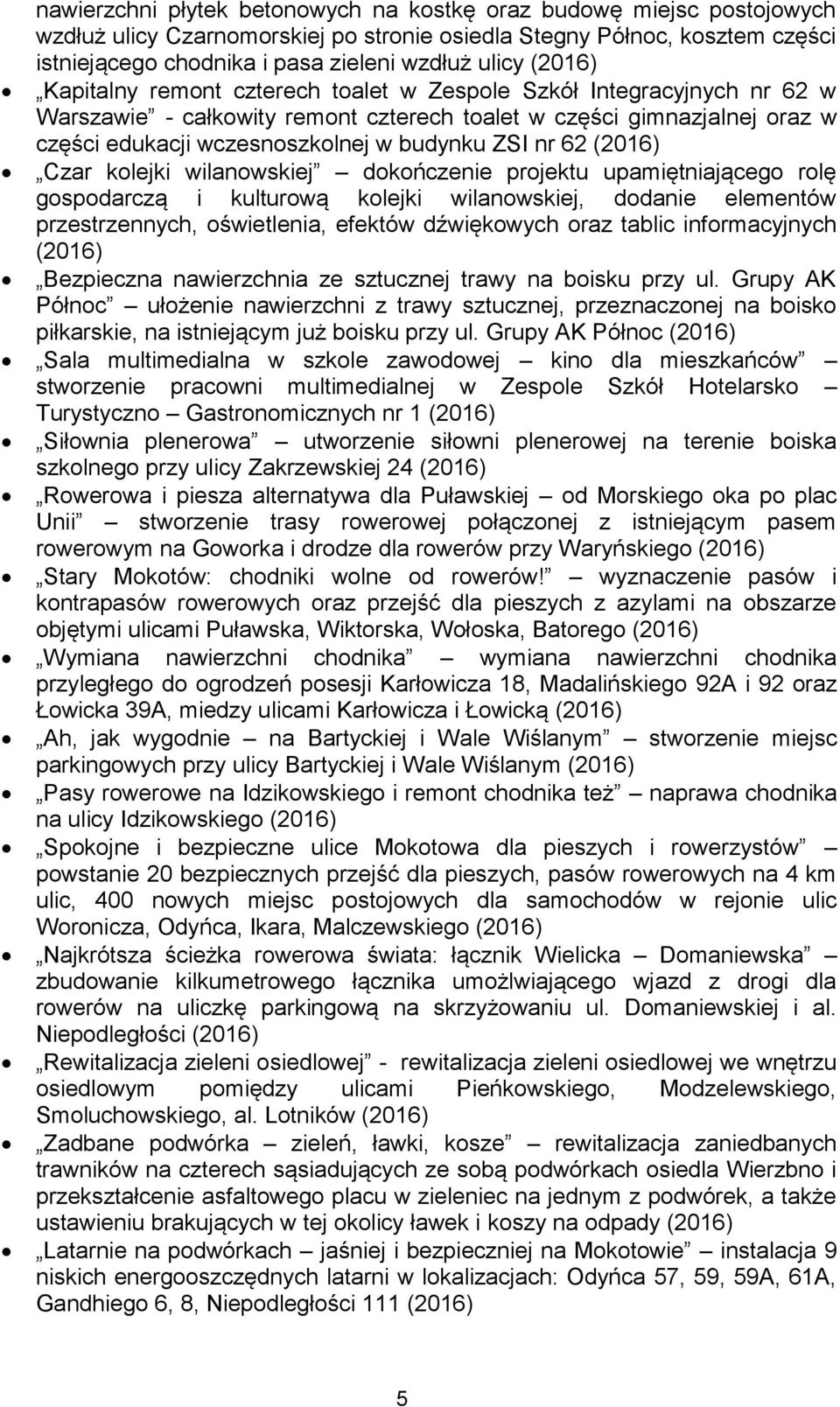 nr 62 (2016) Czar kolejki wilanowskiej dokończenie projektu upamiętniającego rolę gospodarczą i kulturową kolejki wilanowskiej, dodanie elementów przestrzennych, oświetlenia, efektów dźwiękowych oraz