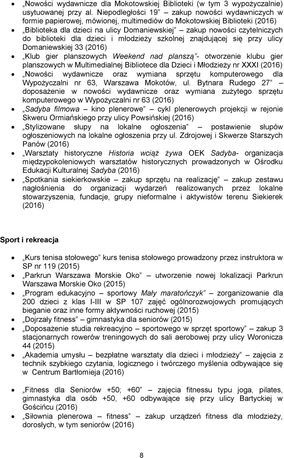 biblioteki dla dzieci i młodzieży szkolnej znajdującej się przy ulicy Domaniewskiej 33 (2016) Klub gier planszowych Weekend nad planszą - otworzenie klubu gier planszowych w Multimedialnej Bibliotece