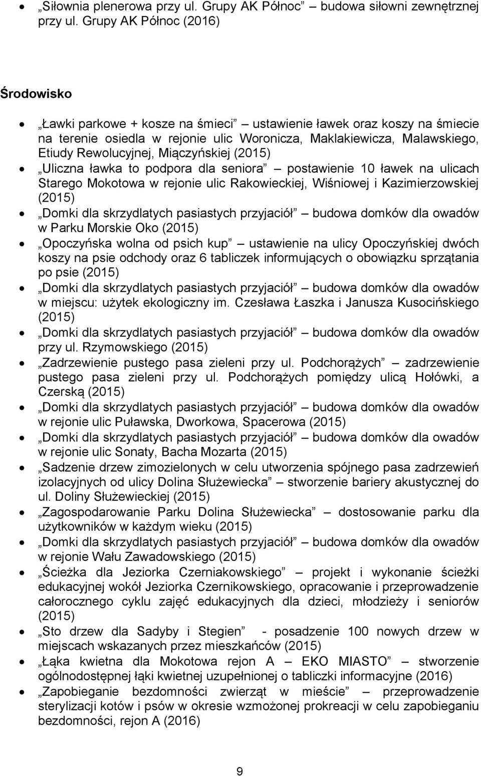 Miączyńskiej (2015) Uliczna ławka to podpora dla seniora postawienie 10 ławek na ulicach Starego Mokotowa w rejonie ulic Rakowieckiej, Wiśniowej i Kazimierzowskiej (2015) Domki dla skrzydlatych