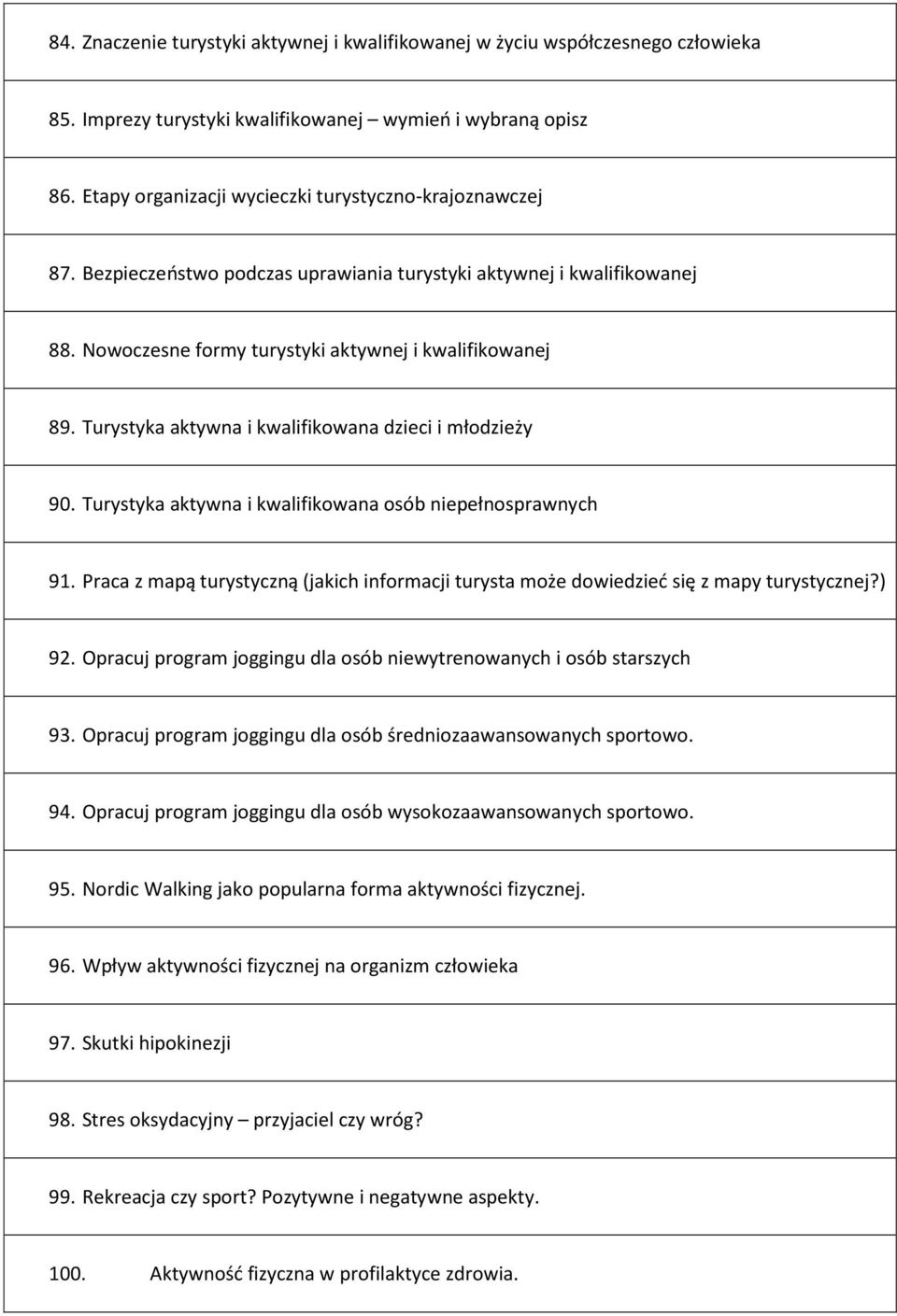 Turystyka aktywna i kwalifikowana dzieci i młodzieży 90. Turystyka aktywna i kwalifikowana osób niepełnosprawnych 91.