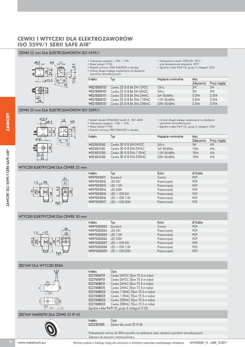 2W-24VDC Cewka 22 Ø 8 BA 3VA-24VAC Cewka 22 Ø 8 BA 3VA-110VAC Cewka 22 Ø 8 BA 3VA-220VAC Temperatura cewki % ED: 70 C - przy temperaturze otoczenia 20 C Zgodne z Atex 4/ CE, grupy 2, kategorii 3GD