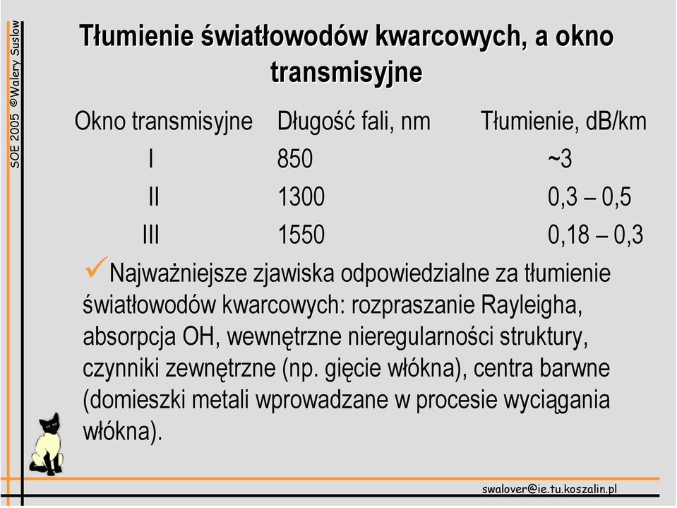 światłowodów kwarcowych: rozpraszanie Rayleigha, absorpcja OH, wewnętrzne nieregularności struktury,