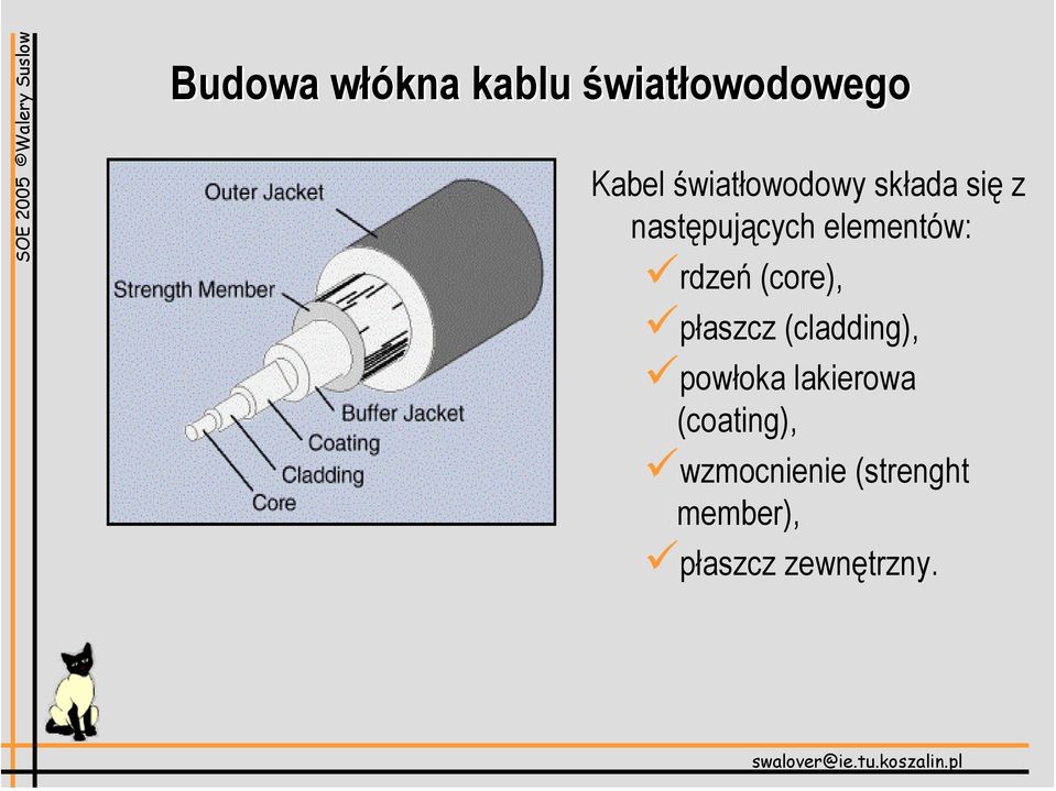 rdzeń (core), płaszcz (cladding), powłoka lakierowa