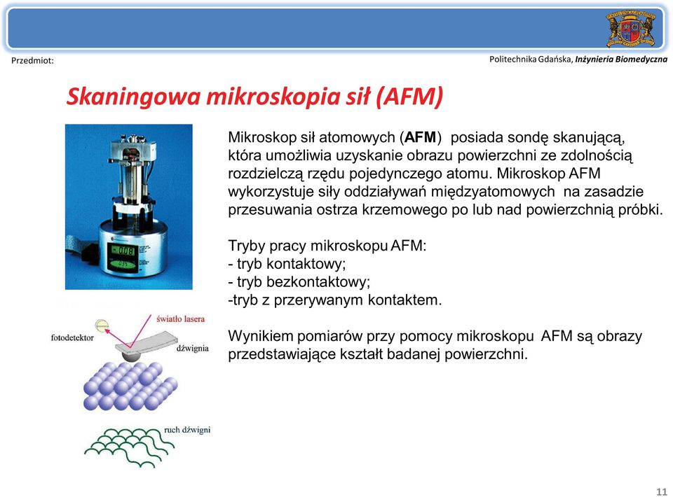Mikroskop AFM wykorzystuje siły oddziaływań międzyatomowych na zasadzie przesuwania ostrza krzemowego po lub nad powierzchnią