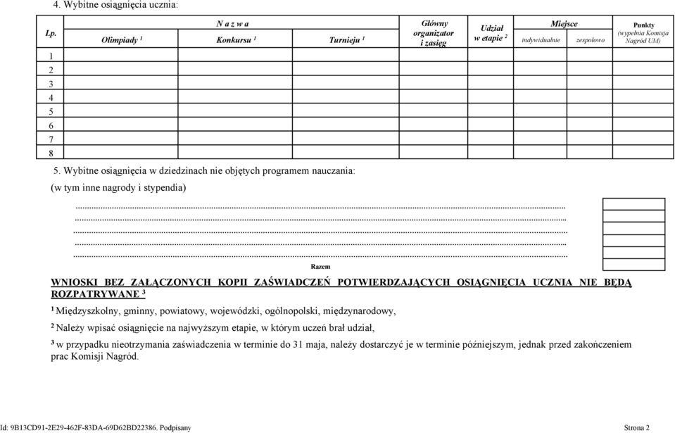 .... Razem WNIOSKI BEZ ZAŁĄCZONYCH KOPII ZAŚWIADCZEŃ POTWIERDZAJĄCYCH OSIĄGNIĘCIA UCZNIA NIE BĘDĄ ROZPATRYWANE 3 1 Międzyszkolny, gminny, powiatowy, wojewódzki, ogólnopolski, międzynarodowy, 2 Należy