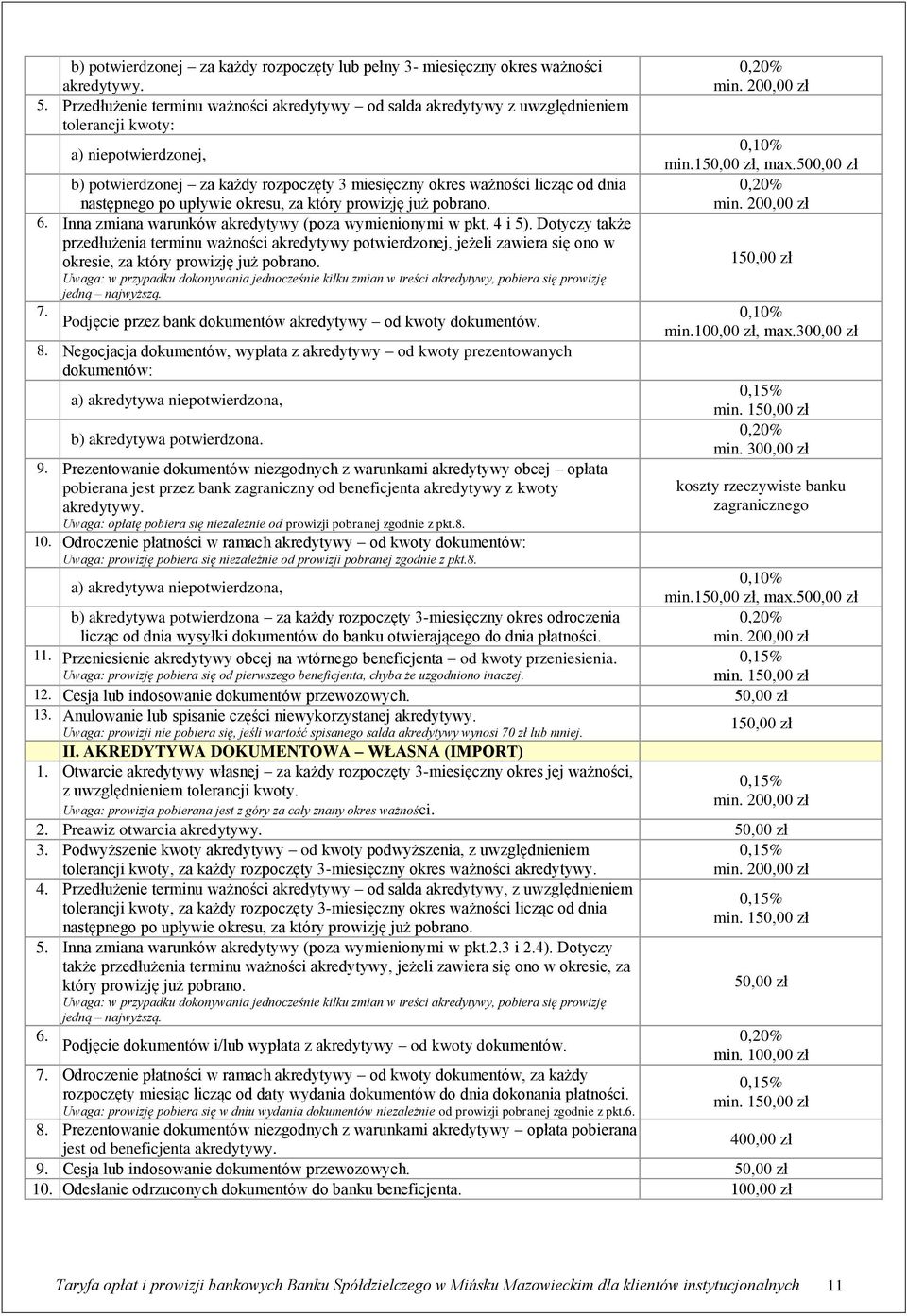 następnego po upływie okresu, za który prowizję już pobrano. 6. Inna zmiana warunków akredytywy (poza wymienionymi w pkt. 4 i 5).
