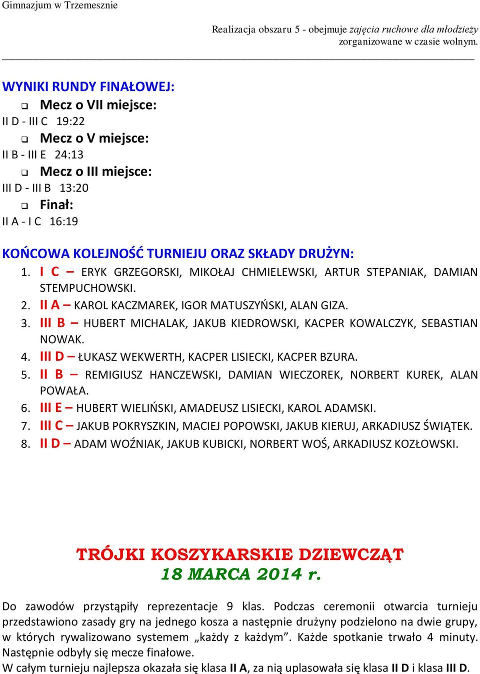 III B HUBERT MICHALAK, JAKUB KIEDROWSKI, KACPER KOWALCZYK, SEBASTIAN NOWAK. 4. III D ŁUKASZ WEKWERTH, KACPER LISIECKI, KACPER BZURA. 5.