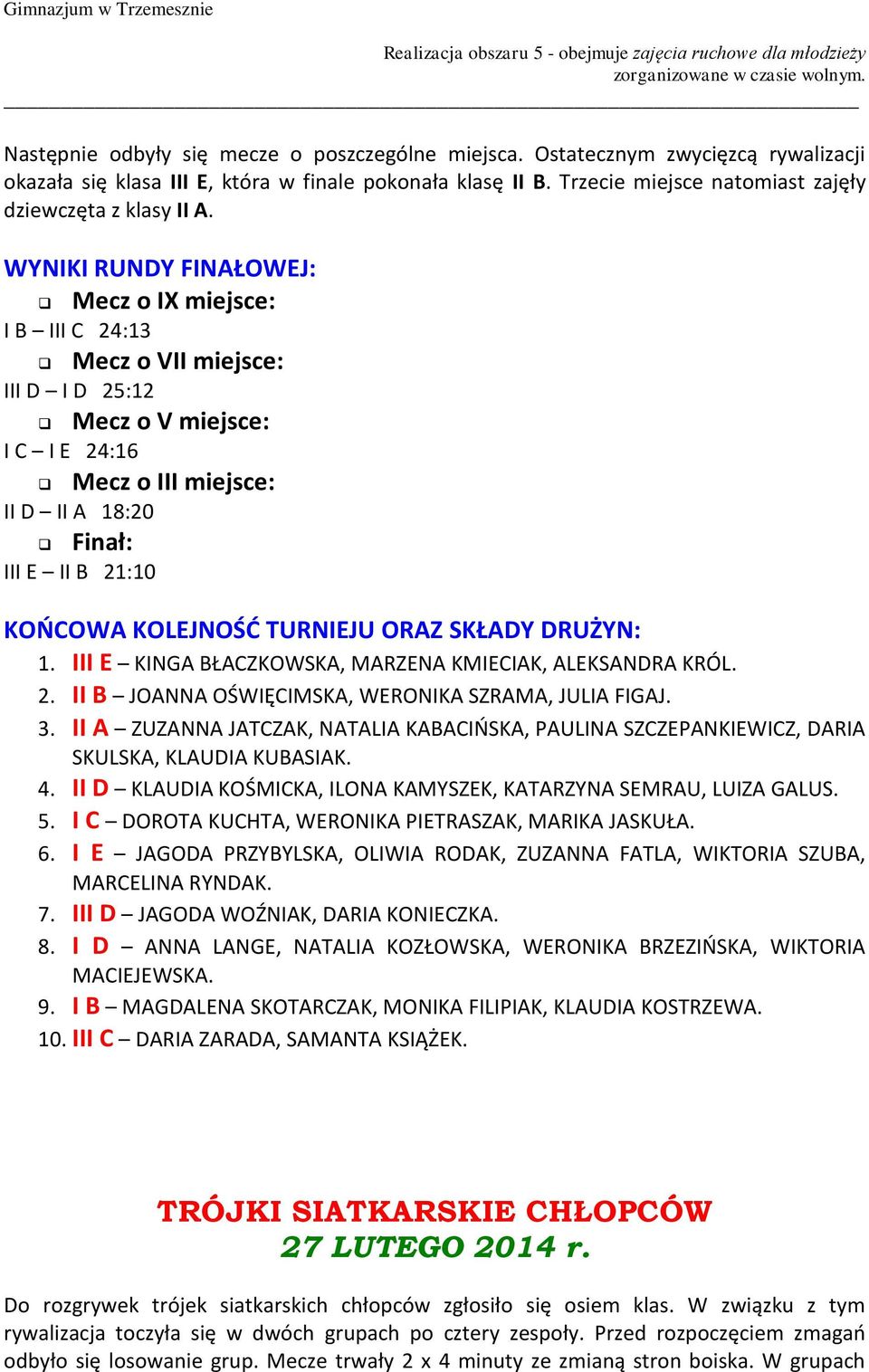 WYNIKI RUNDY FINAŁOWEJ: Mecz o IX miejsce: I B III C 24:13 Mecz o VII miejsce: III D I D 25:12 I C I E 24:16 Mecz o V miejsce: Mecz o III miejsce: II D II A 18:20 Finał: III E II B 21:10 KOŃCOWA