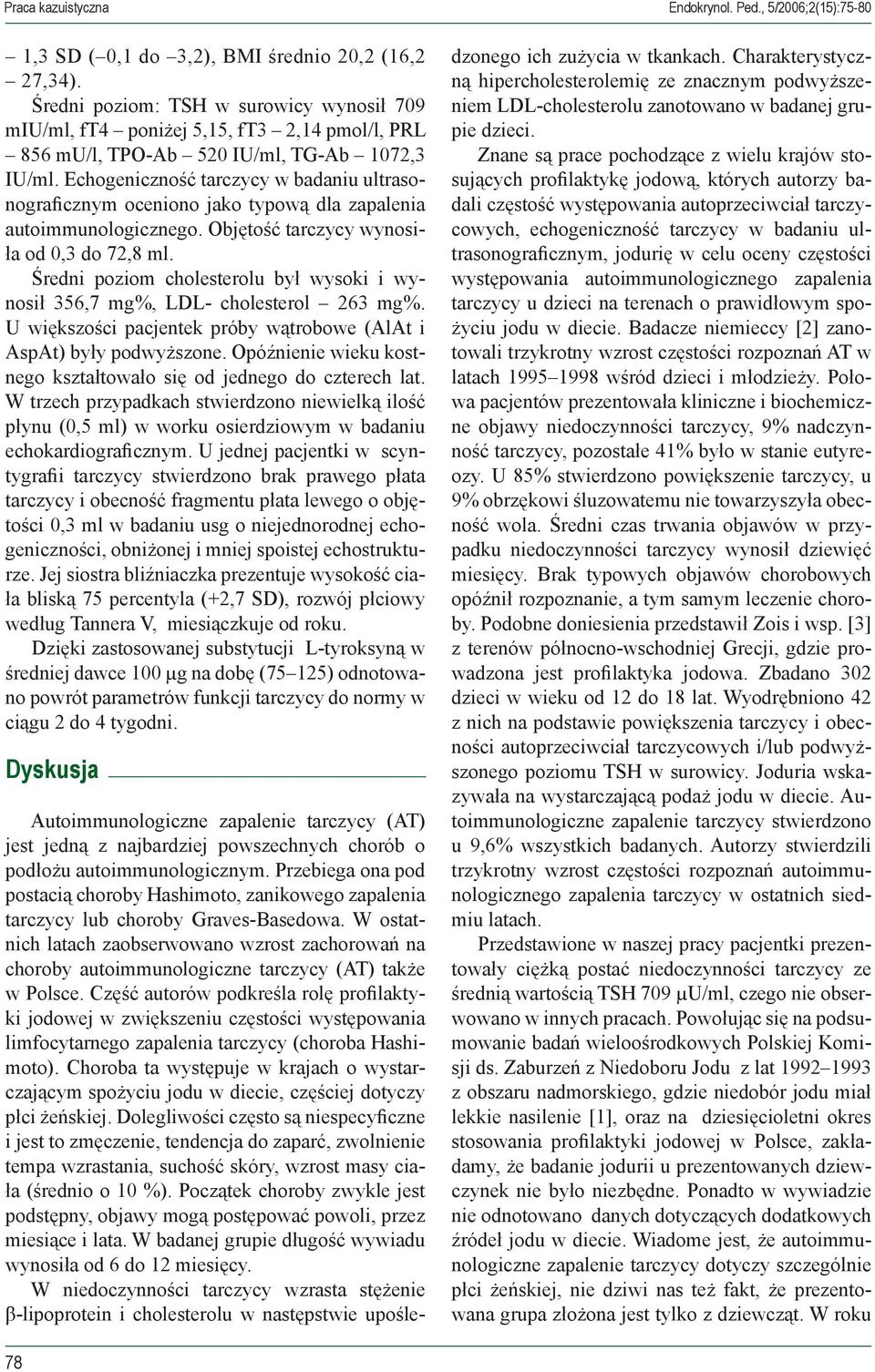Echogeniczność tarczycy w badaniu ultrasonograficznym oceniono jako typową dla zapalenia autoimmunologicznego. Objętość tarczycy wynosiła od 0,3 do 72,8 ml.