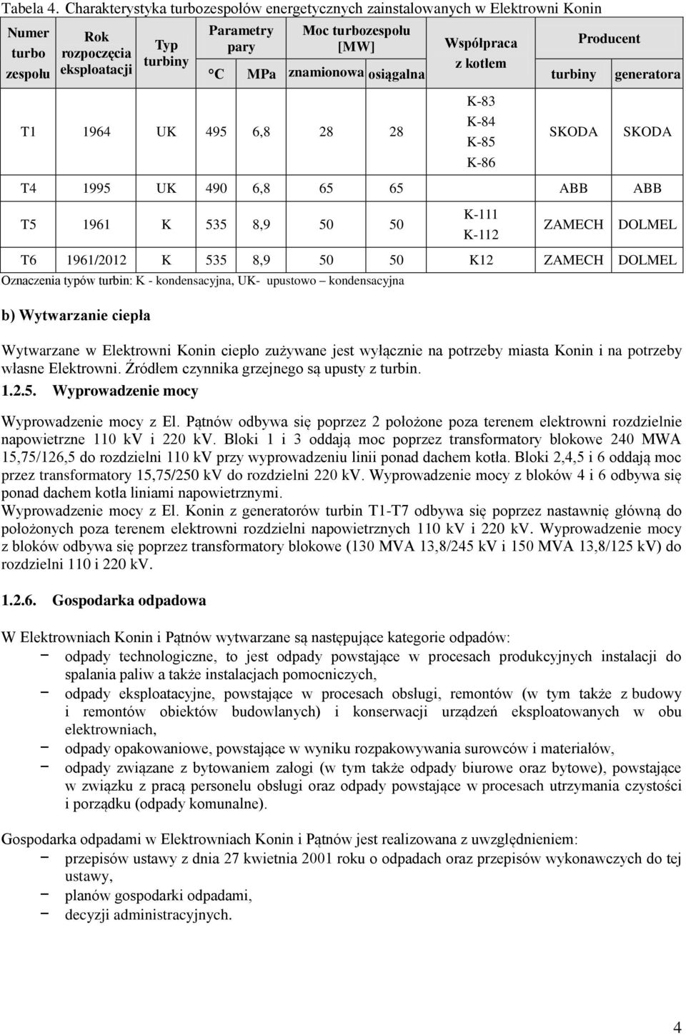 z kotłem C MPa znamionowa osiągalna turbiny generatora T1 1964 UK 495 6,8 28 28 K-83 K-84 K-85 K-86 SKODA SKODA T4 1995 UK 490 6,8 65 65 ABB ABB T5 1961 K 535 8,9 50 50 K-111 K-112 ZAMECH DOLMEL T6