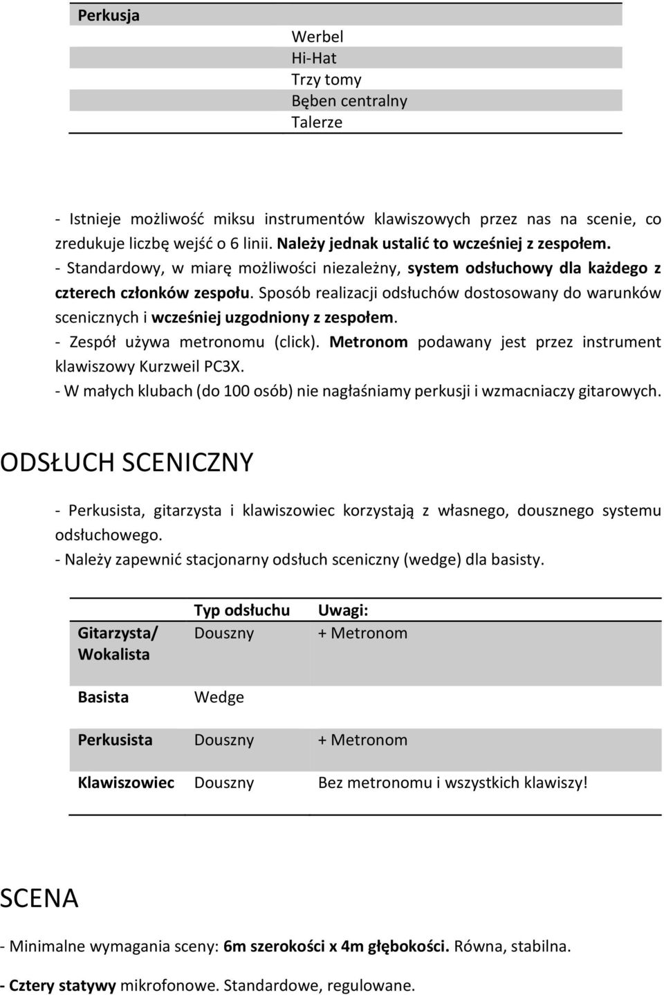 Sposób realizacji odsłuchów dostosowany do warunków scenicznych i wcześniej uzgodniony z zespołem. - Zespół używa metronomu (click). Metronom podawany jest przez instrument klawiszowy Kurzweil PC3X.