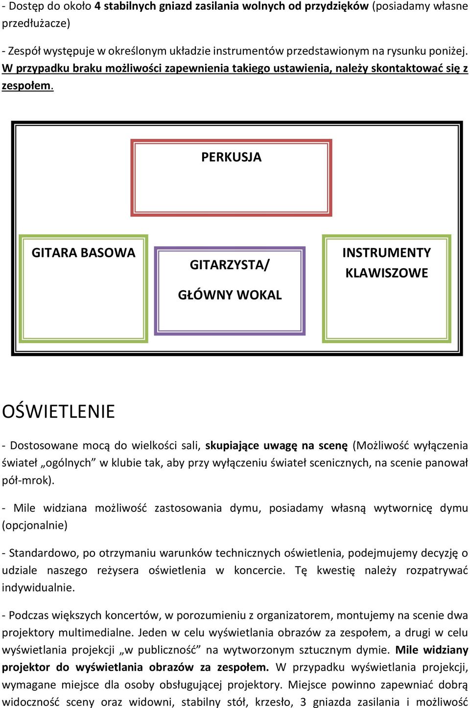 PERKUSJA GITARA BASOWA GITARZYSTA/ GŁÓWNY WOKAL INSTRUMENTY KLAWISZOWE OŚWIETLENIE - Dostosowane mocą do wielkości sali, skupiające uwagę na scenę (Możliwość wyłączenia świateł ogólnych w klubie tak,