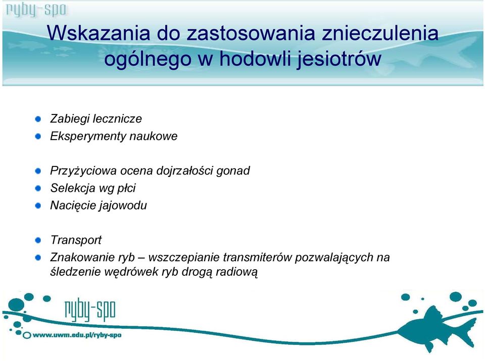 gonad Selekcja wg płci Nacięcie jajowodu Transport Znakowanie ryb