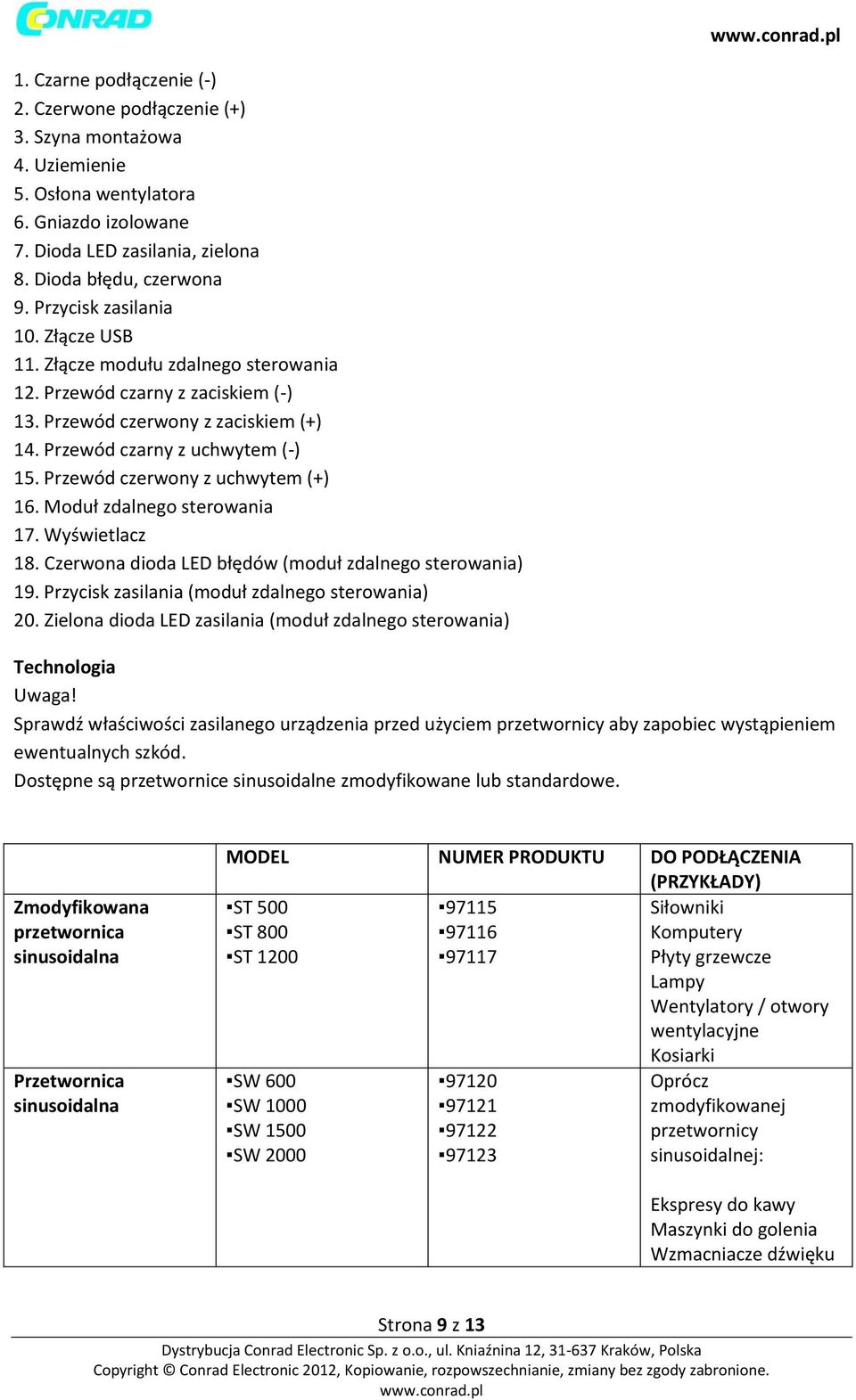 Przewód czerwony z uchwytem (+) 16. Moduł zdalnego sterowania 17. Wyświetlacz 18. Czerwona dioda LED błędów (moduł zdalnego sterowania) 19. Przycisk zasilania (moduł zdalnego sterowania) 20.