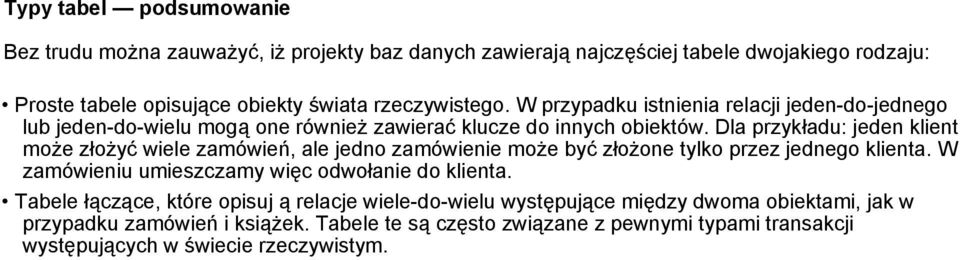 Dla przykładu: jeden klient może złożyć wiele zamówień, ale jedno zamówienie może być złożone tylko przez jednego klienta.