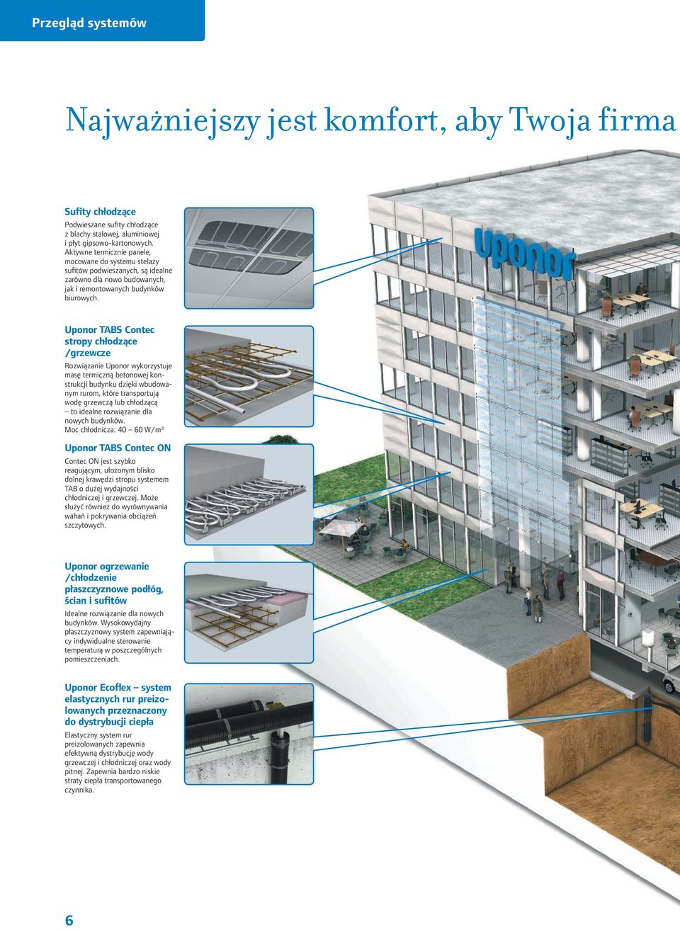 Uponor TABS Contec stropy chłodzące /grzewcze Rozwiązanie Uponor wykorzystuje masę termiczną betonowej konstrukcji budynku dzięki wbudowanym rurom, które transportują wodę grzewczą lub chłodzącą to