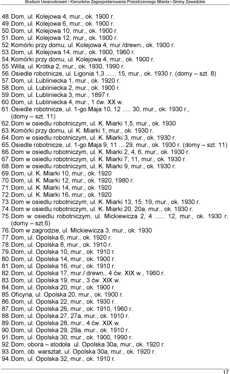 Osiedle robotnicze, ul. Ligonia 1,3... 15, mur., ok. 1930 r. (domy szt. 8) 57. Dom, ul. Lubliniecka 1, mur., ok. 1920 r. 58. Dom, ul. Lubliniecka 2, mur., ok. 1900 r. 59. Dom, ul. Lubliniecka 3, mur.