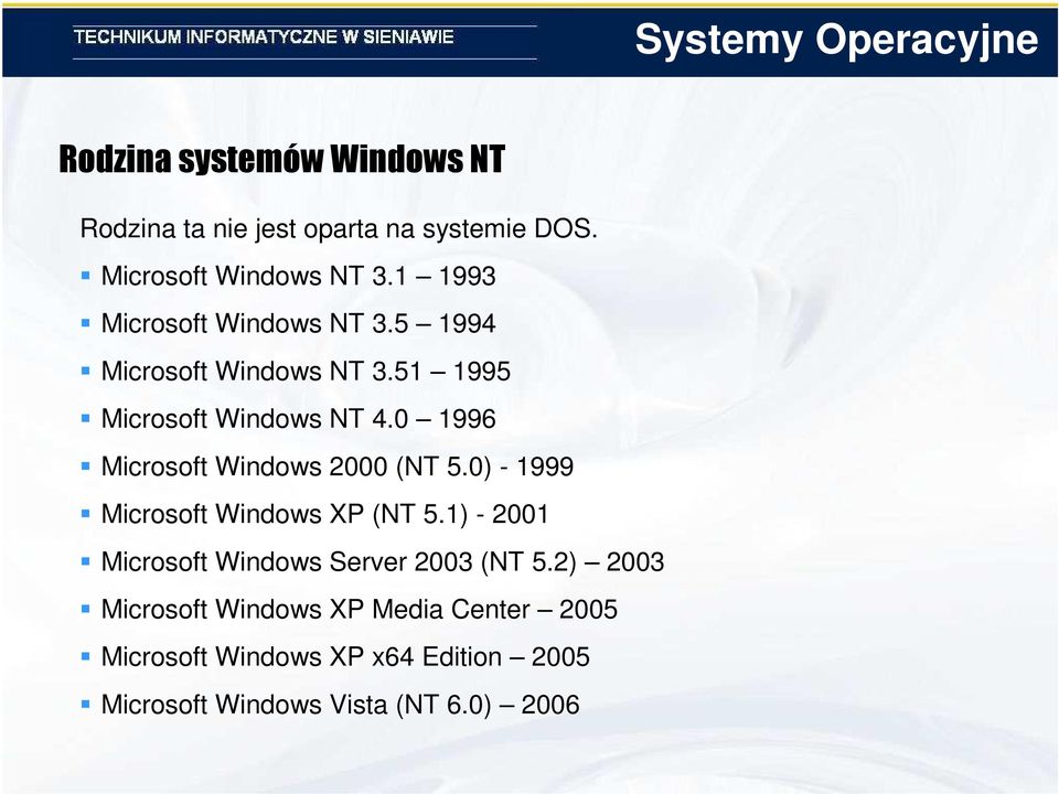51 1995 Microsoft Windows NT 4.0 1996 Microsoft Windows 2000 (NT 5.0) - 1999 Microsoft Windows XP (NT 5.