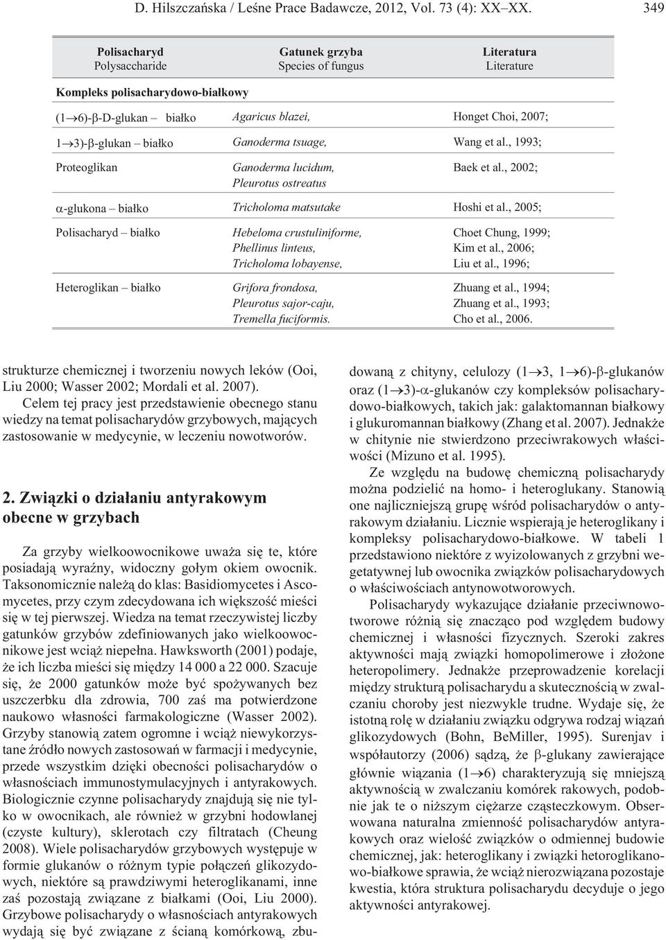 bia³ko Ganoderma tsuage, Wang et al., 1993; Proteoglikan Ganoderma lucidum, Pleurotus ostreatus Baek et al., 2002; -glukona bia³ko Tricholoma matsutake Hoshi et al.