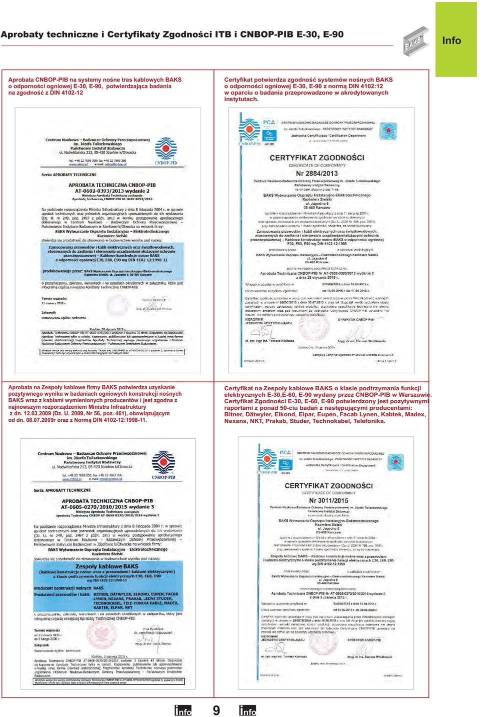 Aprobata na Zespoły kablowe firmy BAKS potwierdza uzyskanie pozytywnego wyniku w badaniach ogniowych konstrukcji nośnych BAKS wraz z kablami wymienionych producentów i jest zgodna z najnowszym