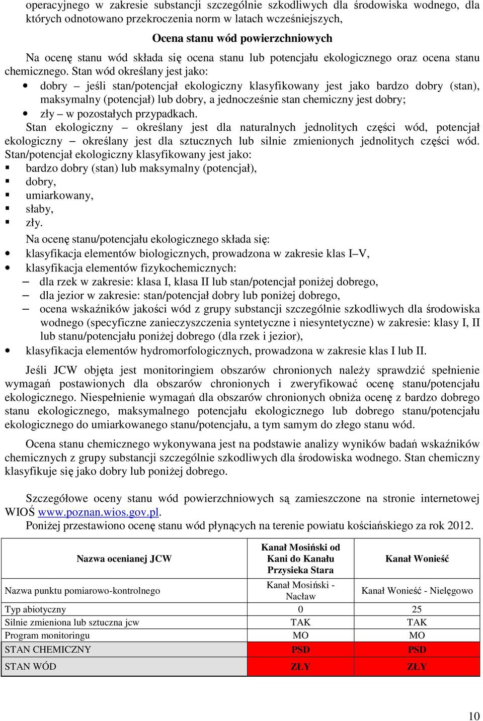 Stan wód określany jest jako: dobry jeśli stan/potencjał ekologiczny klasyfikowany jest jako bardzo dobry (stan), maksymalny (potencjał) lub dobry, a jednocześnie stan chemiczny jest dobry; zły w