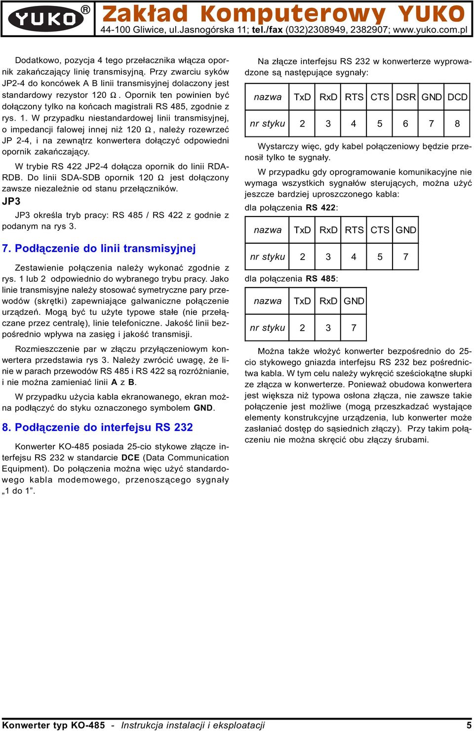 W przypadku niestandardowej linii transmisyjnej, o impedancji falowej innej ni 10 W, nale y rozewrzeæ JP -4, i na zewn¹trz konwertera do³¹czyæ odpowiedni opornik zakañczaj¹cy.