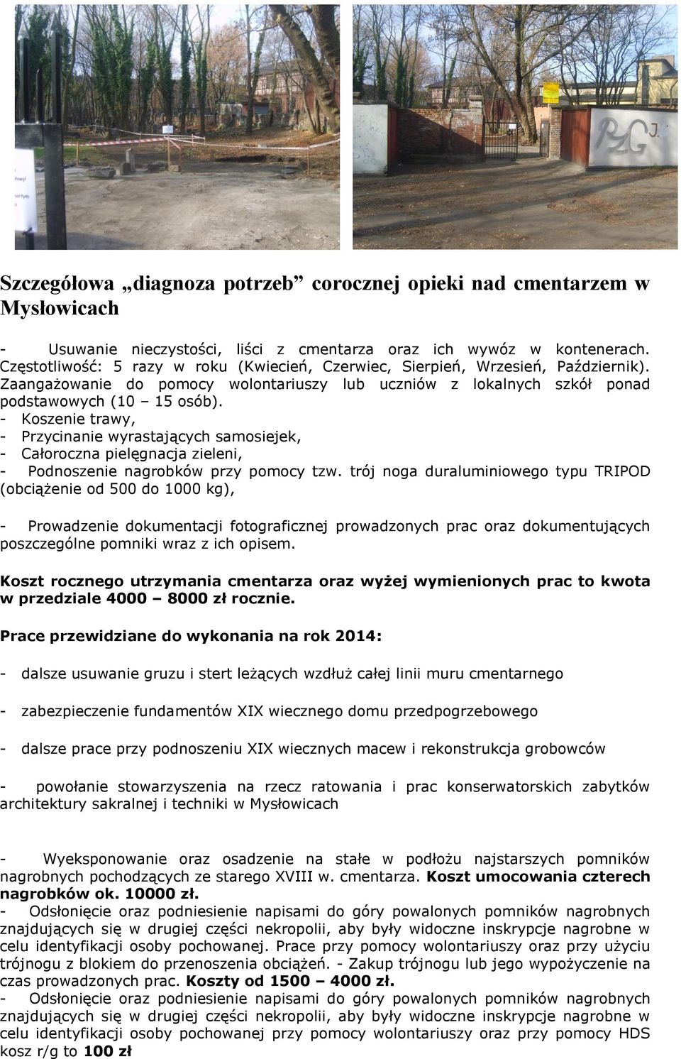- Koszenie trawy, - Przycinanie wyrastających samosiejek, - Całoroczna pielęgnacja zieleni, - Podnoszenie nagrobków przy pomocy tzw.