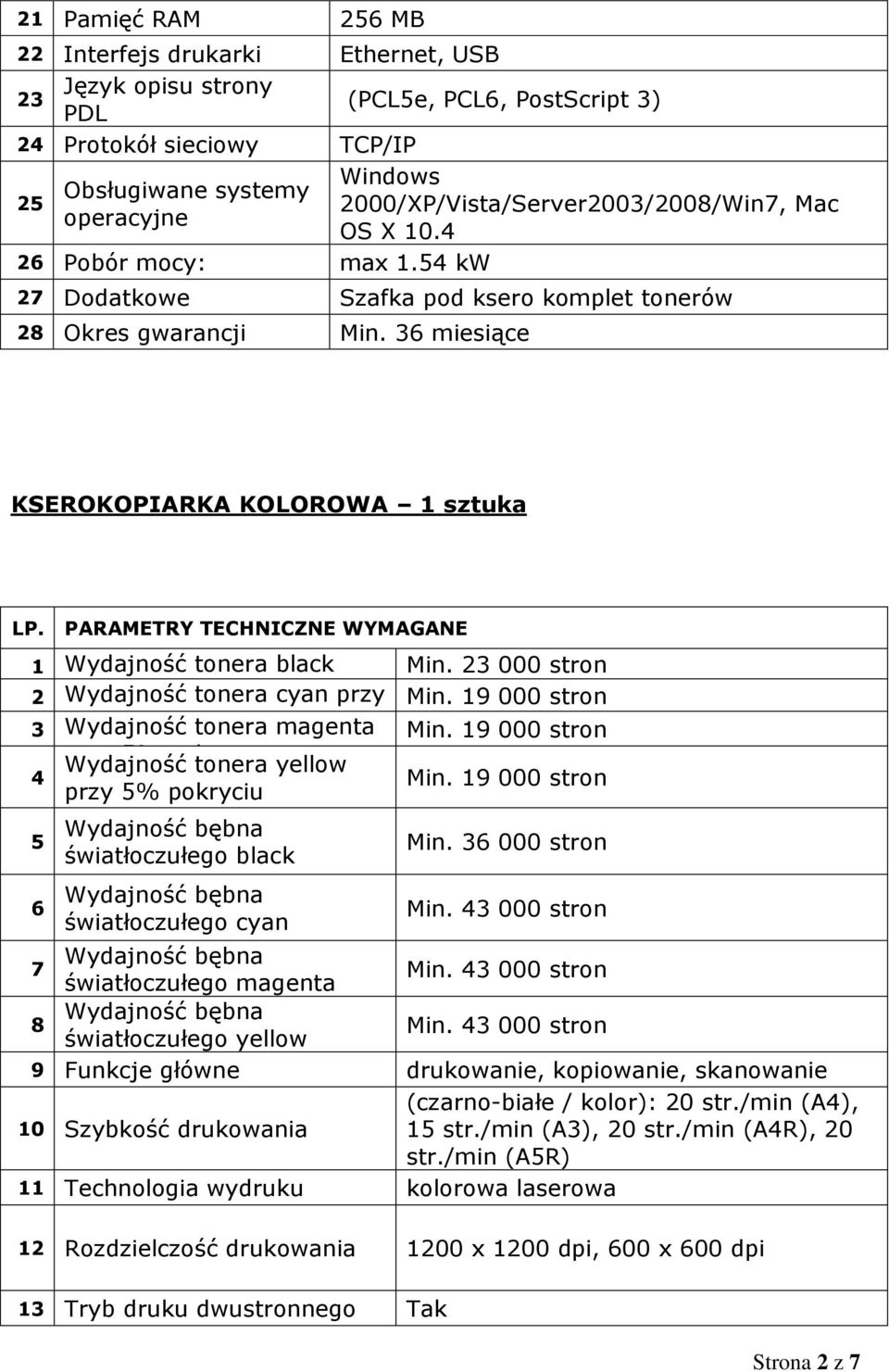 36 miesiące KSEROKOPIARKA KOLOROWA 1 sztuka LP.