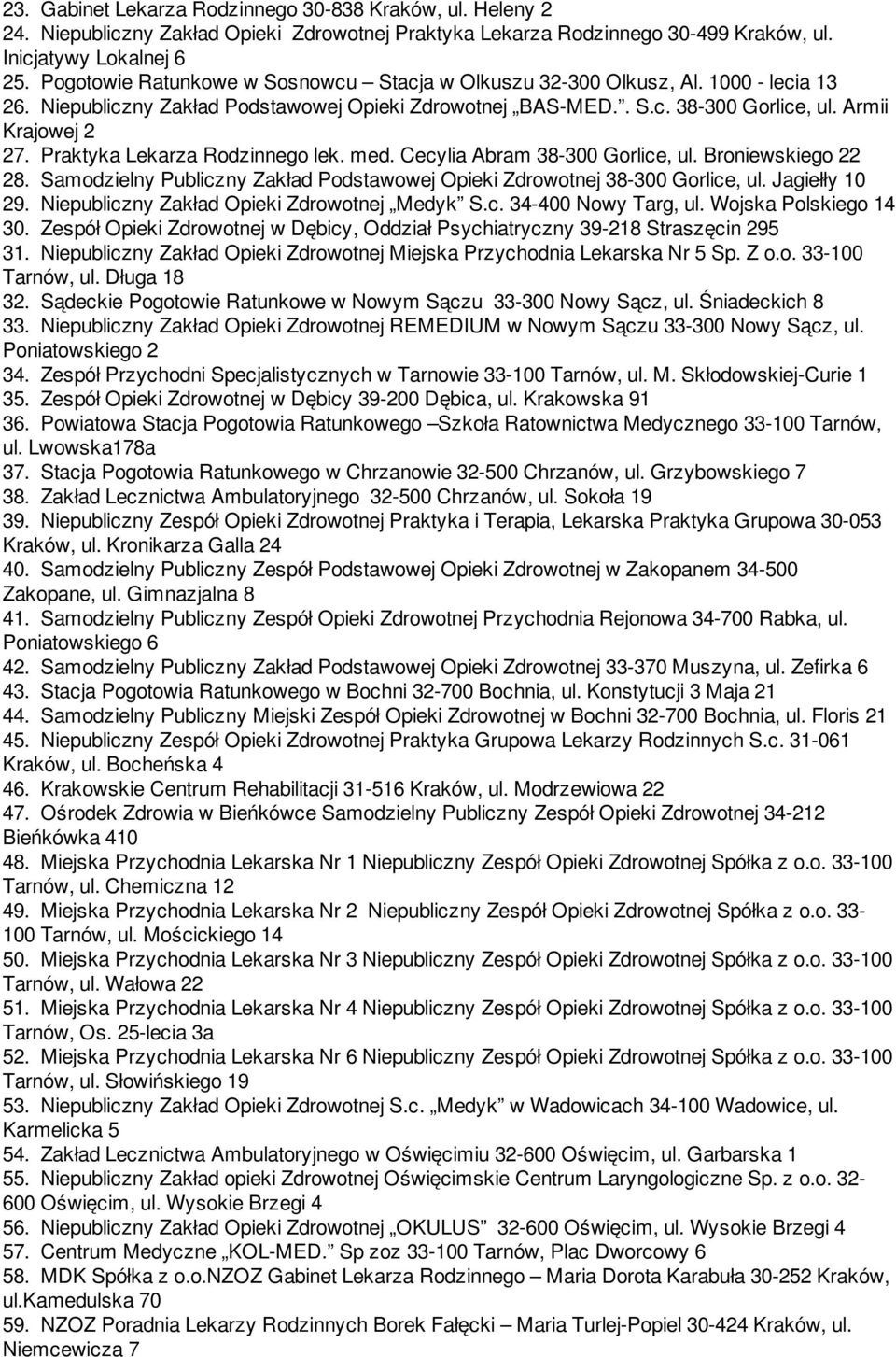 Praktyka Lekarza Rodzinnego lek. med. Cecylia Abram 38-300 Gorlice, ul. Broniewskiego 22 28. Samodzielny Publiczny Zakład Podstawowej Opieki Zdrowotnej 38-300 Gorlice, ul. Jagiełły 10 29.