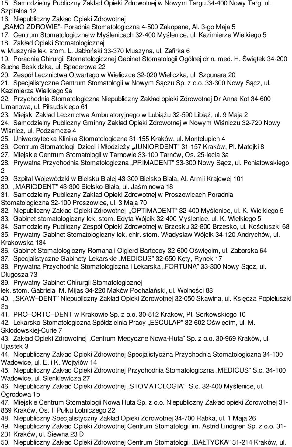 Zakład Opieki Stomatologicznej w Muszynie lek. stom. L. Jabłoński 33-370 Muszyna, ul. Zefirka 6 19. Poradnia Chirurgii Stomatologicznej Gabinet Stomatologii Ogólnej dr n. med. H.