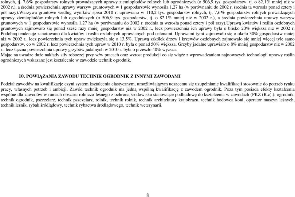 uprawiano w 110,2 tys. gospodarstw ), a średnia powierzchnia uprawy warzyw gruntowych w 1 gospodarstwie wynosiła 1,27 ha (w porównaniu do 2002 r. średnia ta wzrosła ponad cztery i pół razy).