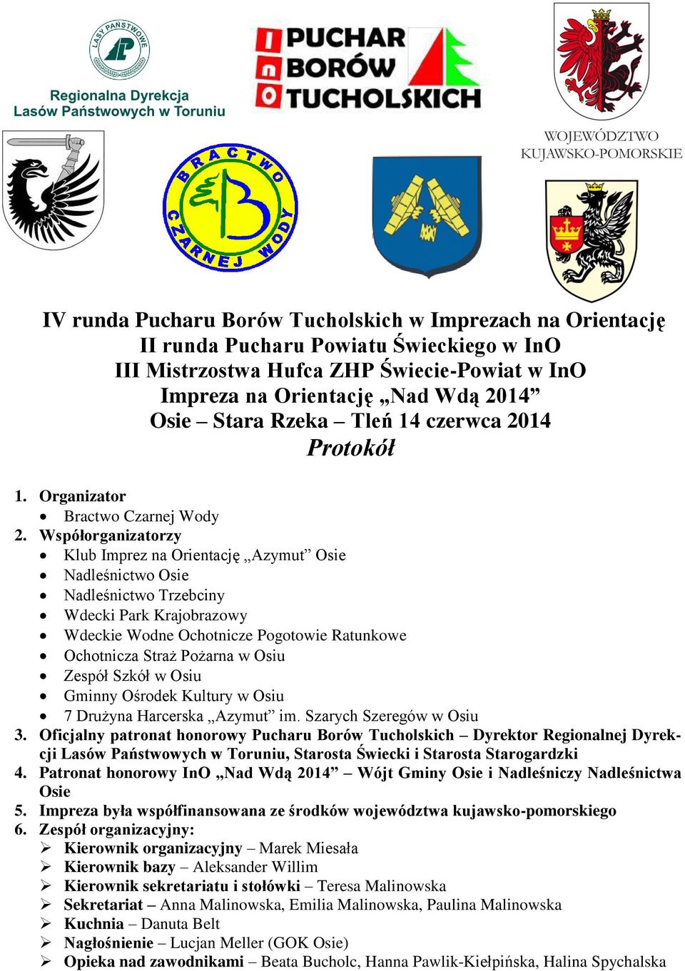 Organizator Bractwo Czarnej Wody Współorganizatorzy Klub Imprez na Orientację Azymut Osie Nadleśnictwo Osie Nadleśnictwo Trzebciny Wdecki Park Krajobrazowy Wdeckie Wodne Ochotnicze Pogotowie