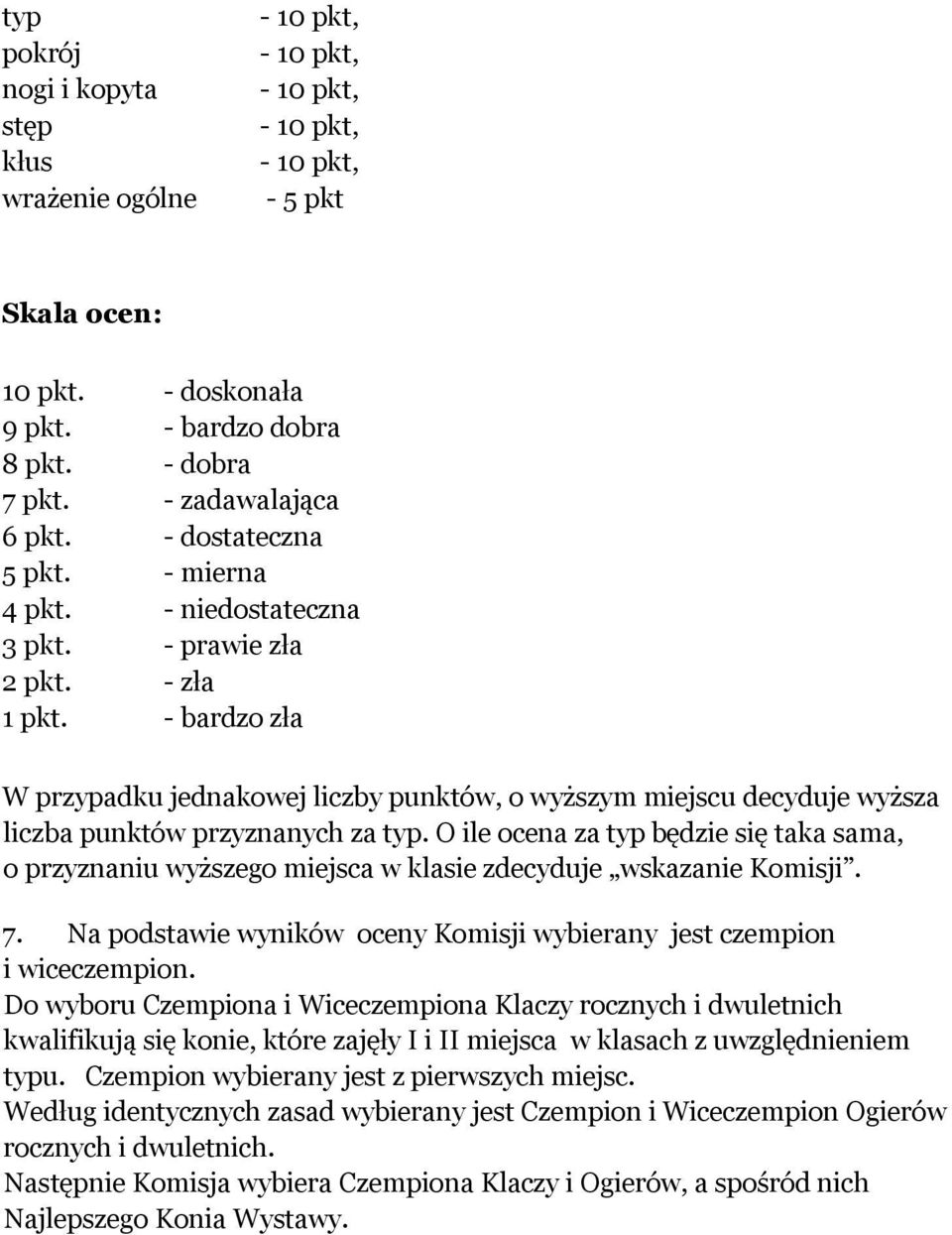 O ile ocena za typ będzie się taka sama, o przyznaniu wyższego miejsca w klasie zdecyduje wskazanie Komisji. 7. Na podstawie wyników oceny Komisji wybierany jest czempion i wiceczempion.