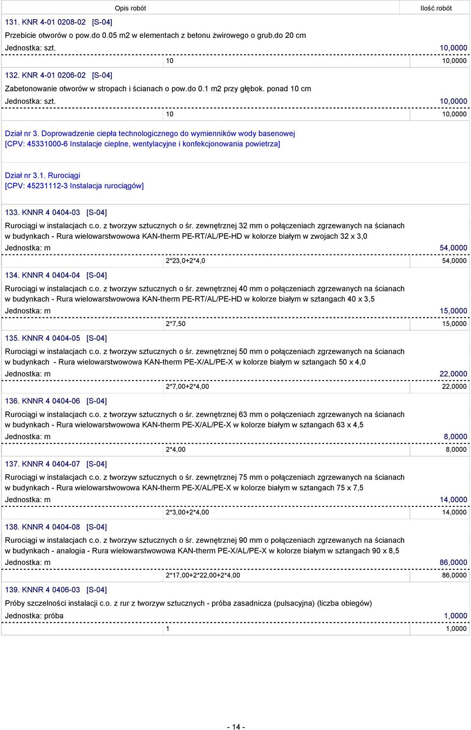 Doprowadzenie ciepła technologicznego do wymienników wody basenowej [CPV: 45331000-6 Instalacje cieplne, wentylacyjne i konfekcjonowania powietrza] 10 10,0000 Dział nr 3.1. Rurociągi [CPV: 45231112-3 Instalacja rurociągów] 133.