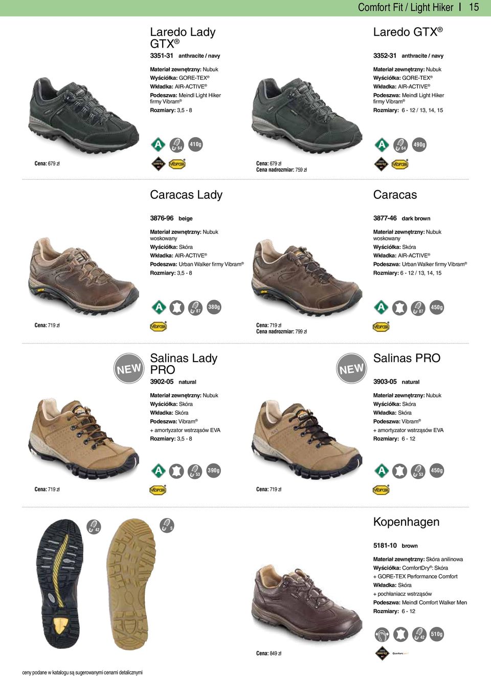 Walker firmy Vibram / 13, 14, 15 380g 87 87 450g Cena: 719 zł Cena: 719 zł Cena nadrozmiar: 799 zł Salinas Lady PRO 3902-05 natural Salinas PRO 3903-05 natural Wkładka: Skóra Wkładka: Skóra Podeszwa: