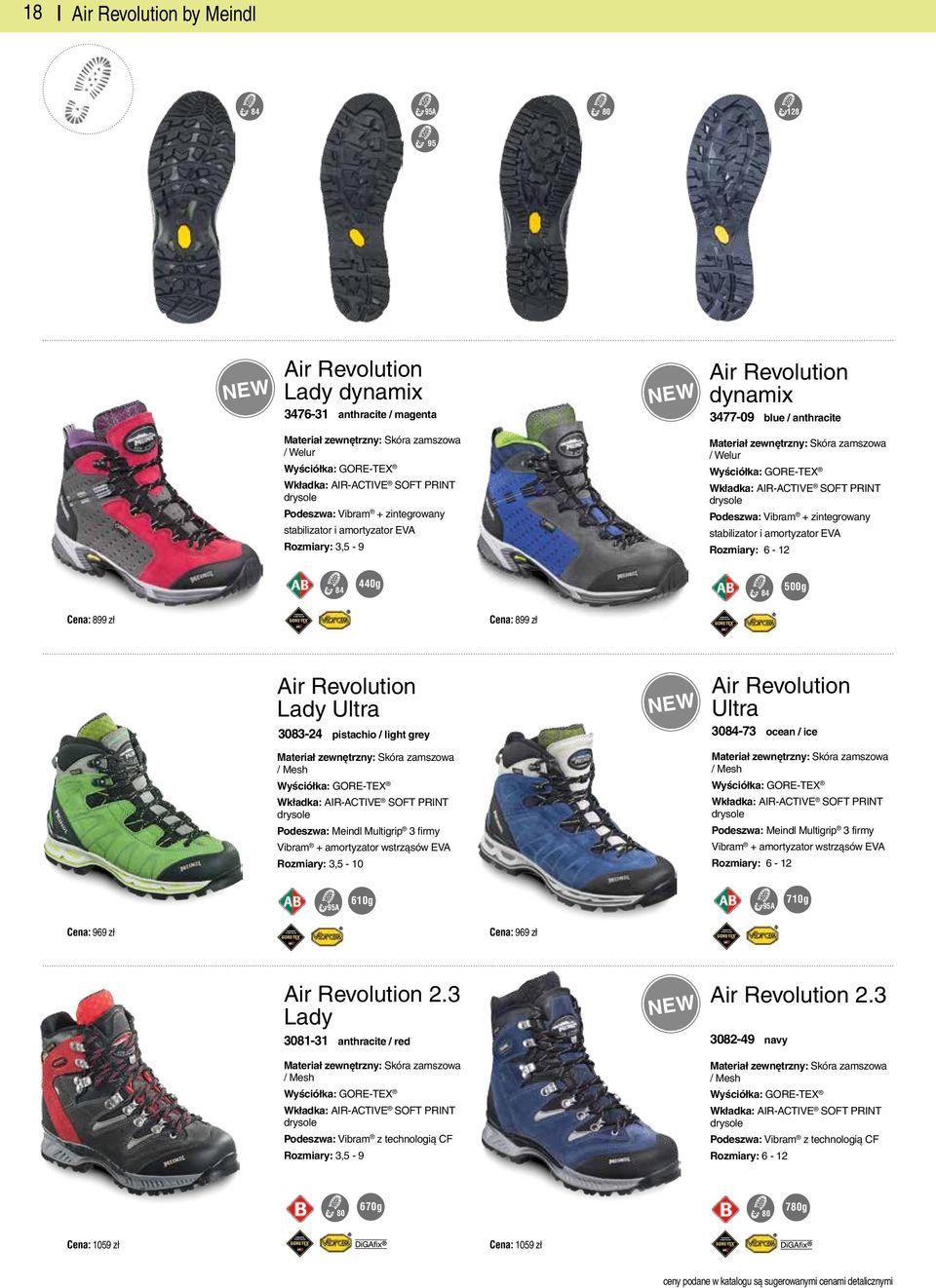 3083-24 pistachio / light grey 3084-73 Air Revolution Ultra ocean / ice / Mesh SOFT PRINT Podeszwa: Meindl Multigrip 3 firmy Vibram + amortyzator wstrząsów EVA Rozmiary: 3,5-10 / Mesh SOFT PRINT