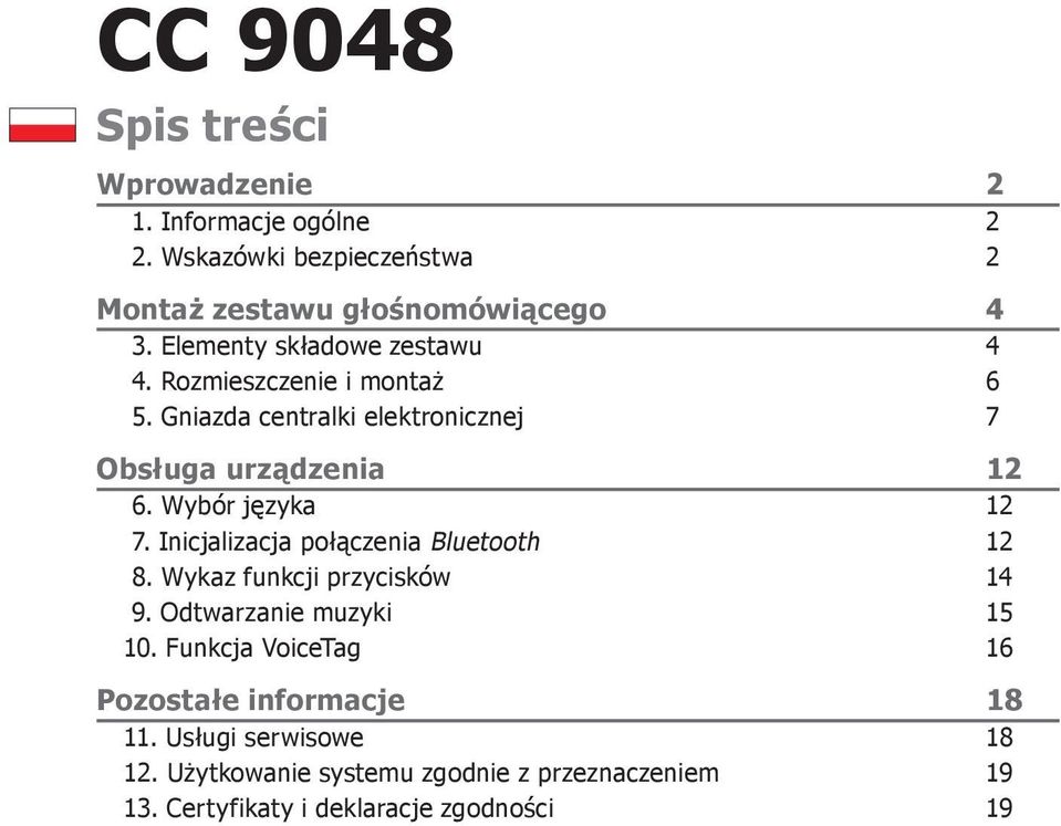 Wybór języka 12 7. Inicjalizacja połączenia Bluetooth 12 8. Wykaz funkcji przycisków 14 9. Odtwarzanie muzyki 15 10.