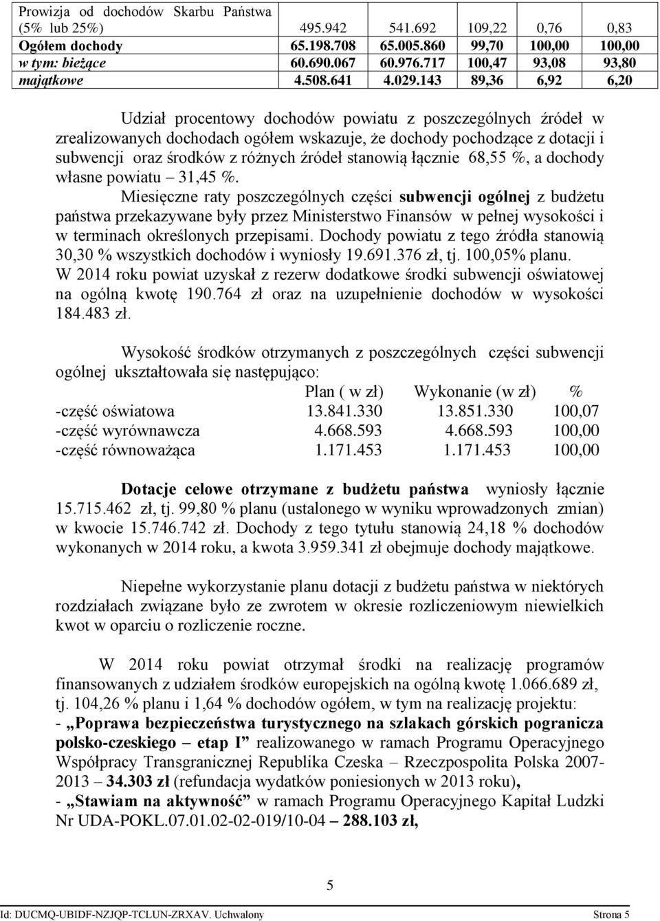 143 89,36 6,92 6,20 Udział procentowy dochodów powiatu z poszczególnych źródeł w zrealizowanych dochodach ogółem wskazuje, że dochody pochodzące z dotacji i subwencji oraz środków z różnych źródeł