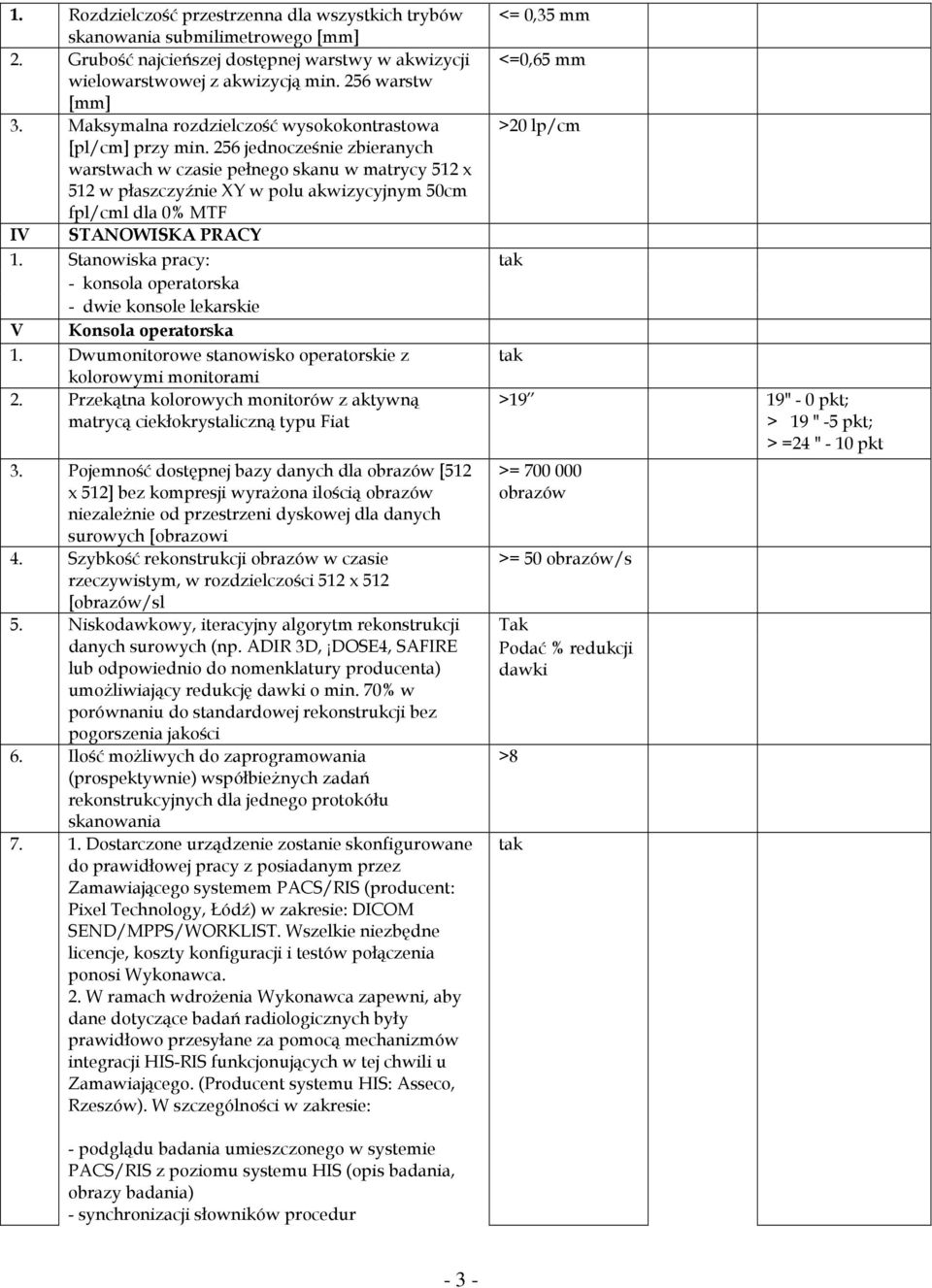 256 jednocześnie zbieranych warstwach w czasie pełnego skanu w matrycy 512 x 512 w płaszczyźnie XY w polu akwizycyjnym 50cm fpl/cml dla 0% MTF IV STANOWISKA PRACY 1.