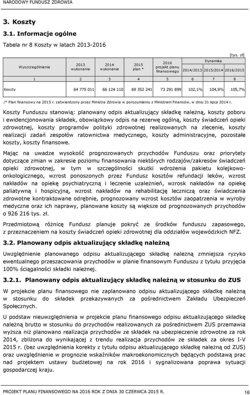 Koszty Funduszu stanowią: planowany odpis aktualizujący składkę należną, koszty poboru i ewidencjonowania składek, obowiązkowy odpis na rezerwę ogólną, koszty świadczeń opieki zdrowotnej, koszty