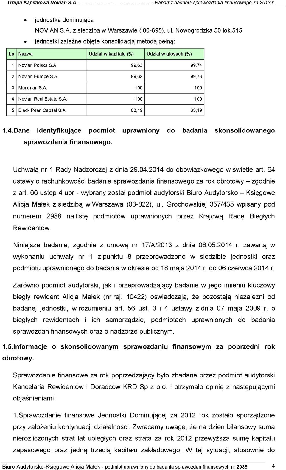 A. 100 100 5 Black Pearl Capital S.A. 63,19 63,19 1.4.Dane identyfikujące podmiot uprawniony do badania skonsolidowanego sprawozdania finansowego. Uchwałą nr 1 Rady Nadzorczej z dnia 29.04.