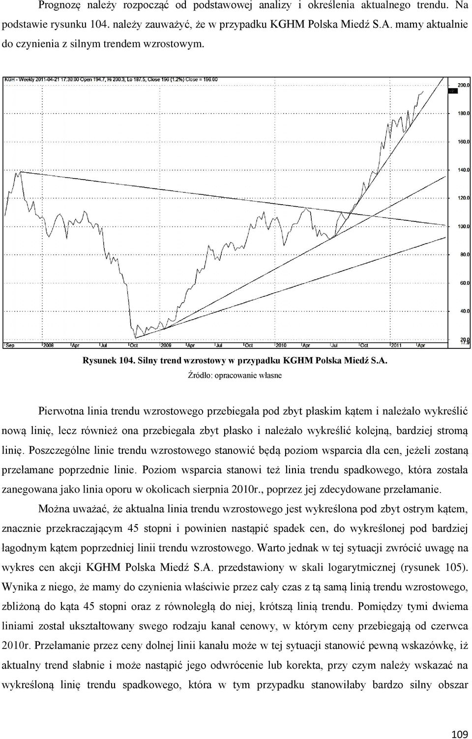 Pierwotna linia trendu wzrostowego przebiegała pod zbyt płaskim kątem i należało wykreślić nową linię, lecz również ona przebiegała zbyt płasko i należało wykreślić kolejną, bardziej stromą linię.