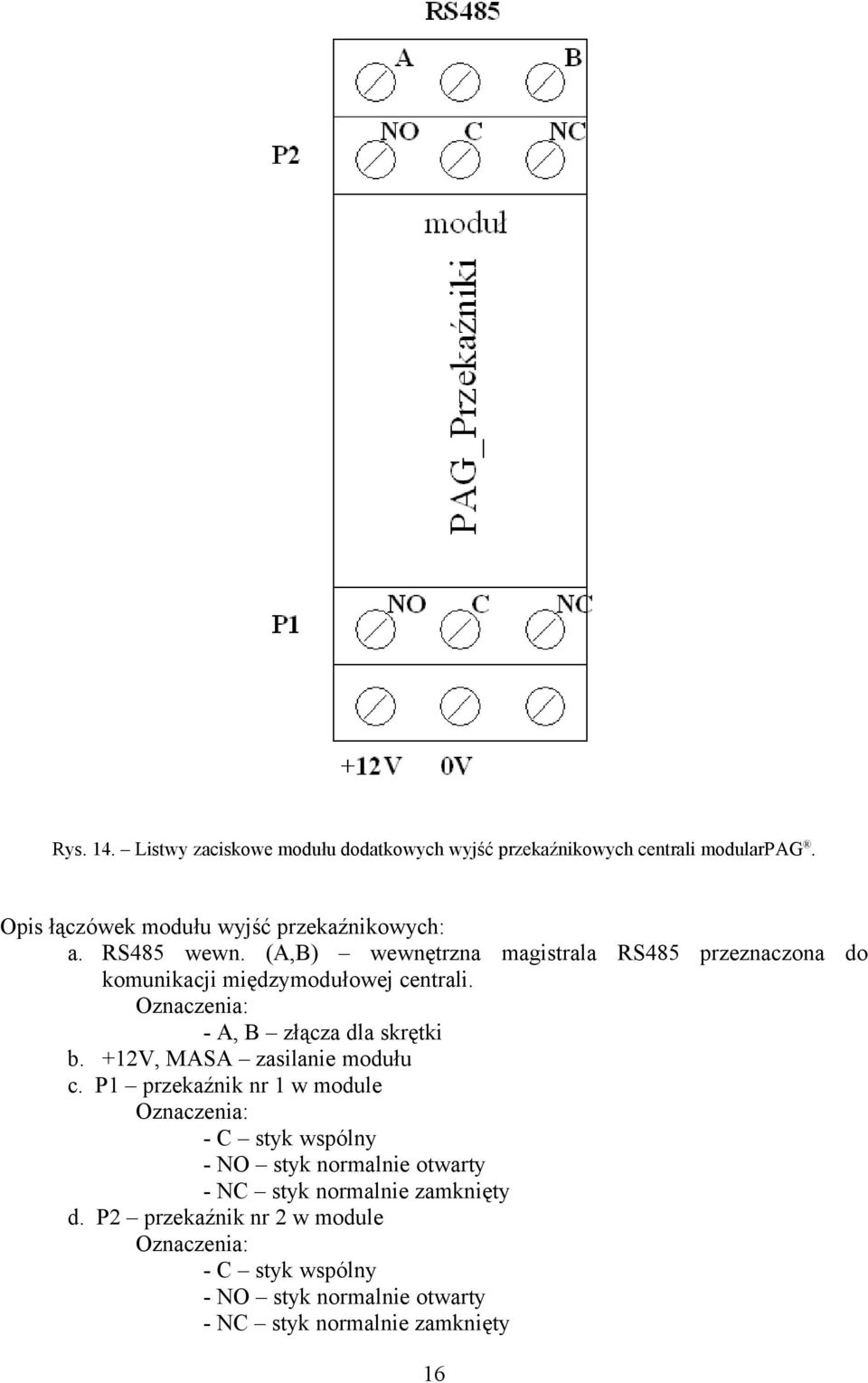 Oznaczenia: - A, B złącza dla skrętki b. +12V, MASA zasilanie modułu c.