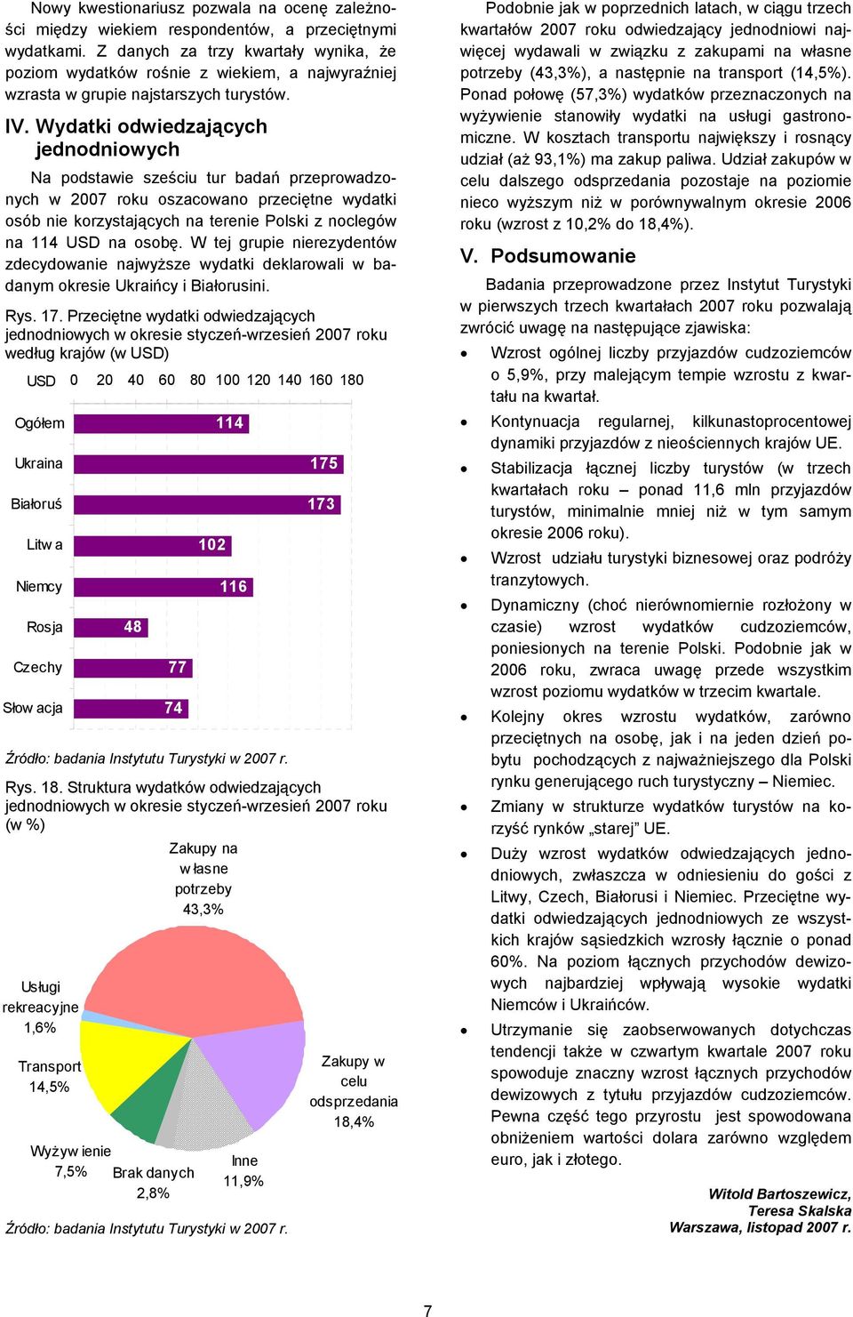 Wydatki odwiedzających jednodniowych Na podstawie sześciu tur badań przeprowadzonych w 2007 roku oszacowano przeciętne wydatki osób nie korzystających na terenie Polski z noclegów na 114 na osobę.