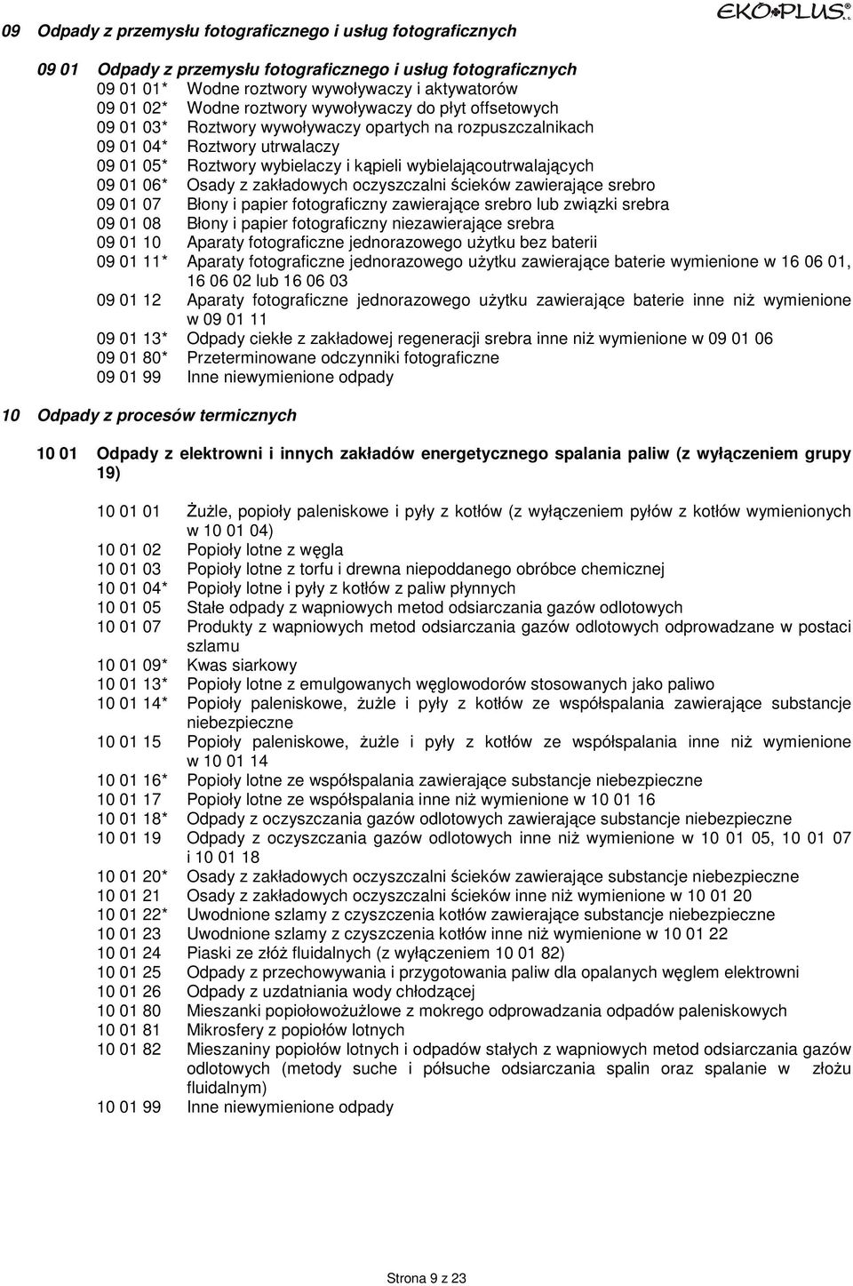 01 06* Osady z zakładowych oczyszczalni ścieków zawierające srebro 09 01 07 Błony i papier fotograficzny zawierające srebro lub związki srebra 09 01 08 Błony i papier fotograficzny niezawierające