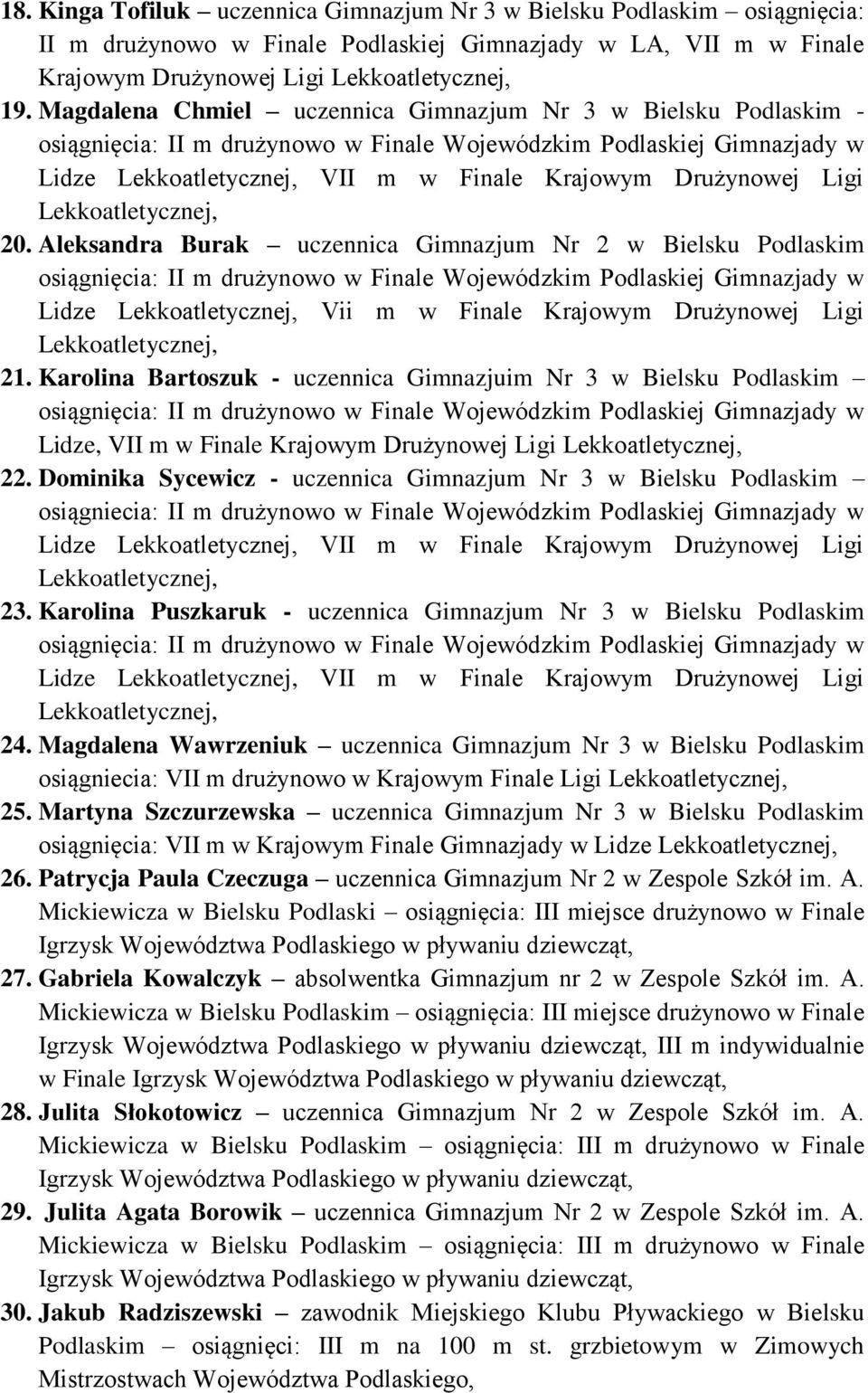 Aleksandra Burak uczennica Gimnazjum Nr 2 w Bielsku Podlaskim osiągnięcia: II m drużynowo w Finale Wojewódzkim Podlaskiej Gimnazjady w Lidze Vii m w Finale Krajowym Drużynowej Ligi 21.